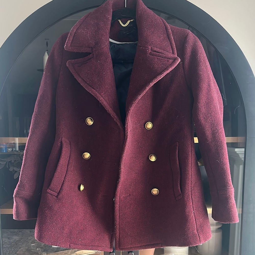 J. Crew Burgundy Pea Coat with Gold Accents